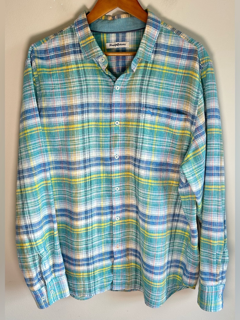 Tommy Bahama Button Up Shirt Mens XL Hawaiian Blue Green Linen Blend Islandzone